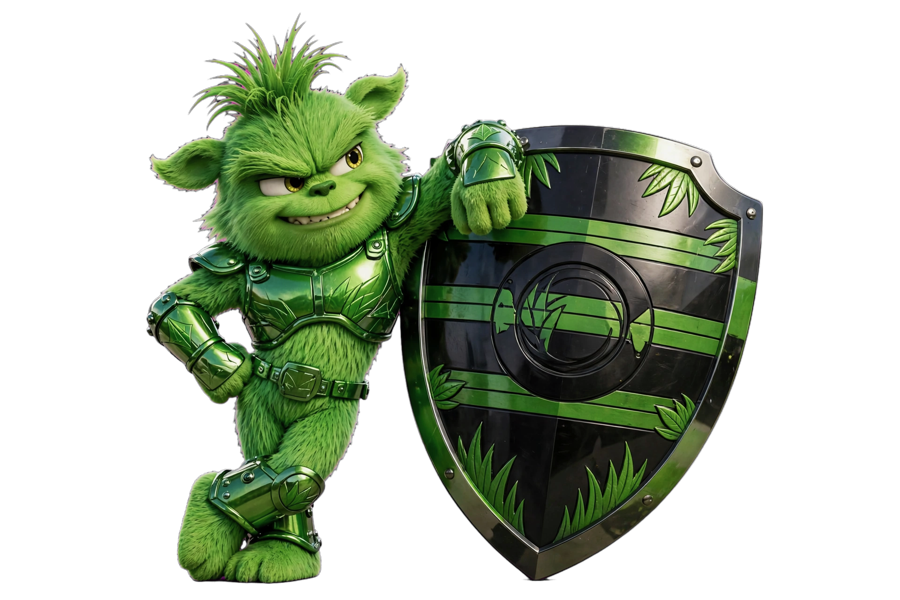 The Greenshield mascot in green armor, bracing behind a shield striped with turf